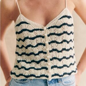 Sézane Francisco Top Crochet Knit Navy and Ecru Top NWT